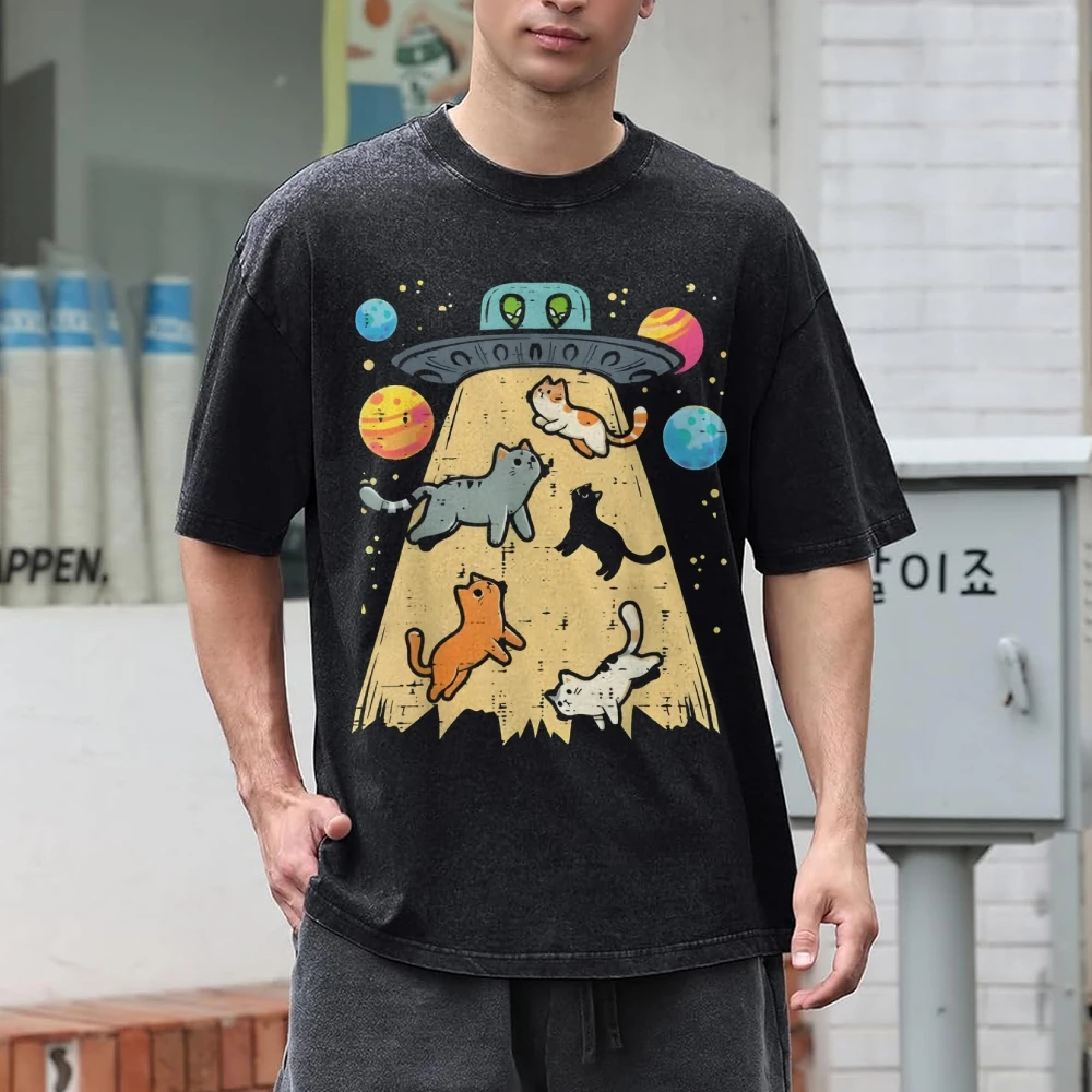 Футболка Kitties And UFO с милым рисунком Wahsed, футболка с круглым вырезом и принтом, высококачественная одежда, летняя верхняя одежда с короткими рукавами
