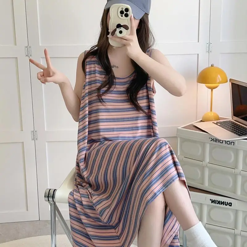Sleeveless Striped Contrast Patchwork Casual T Shirt Dress New Women Clothing Summer Thin Loose Lazy Style Dresses Fashion Trend