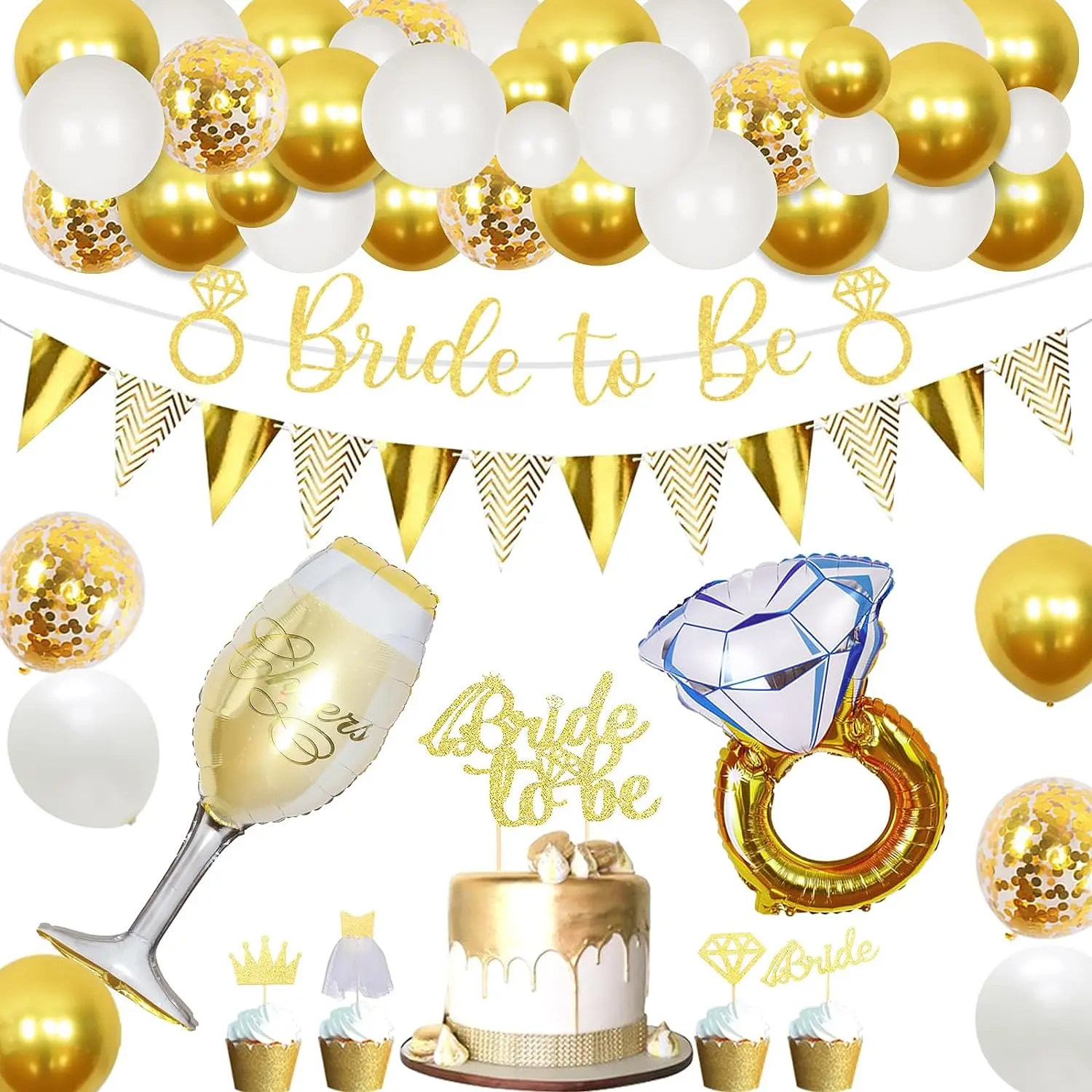 

White and Gold Balloon Arch Kit with Banner, Sash, Cake Toppers, Diamond Ring, Bridal Shower Decor, Bride to Be Decorations