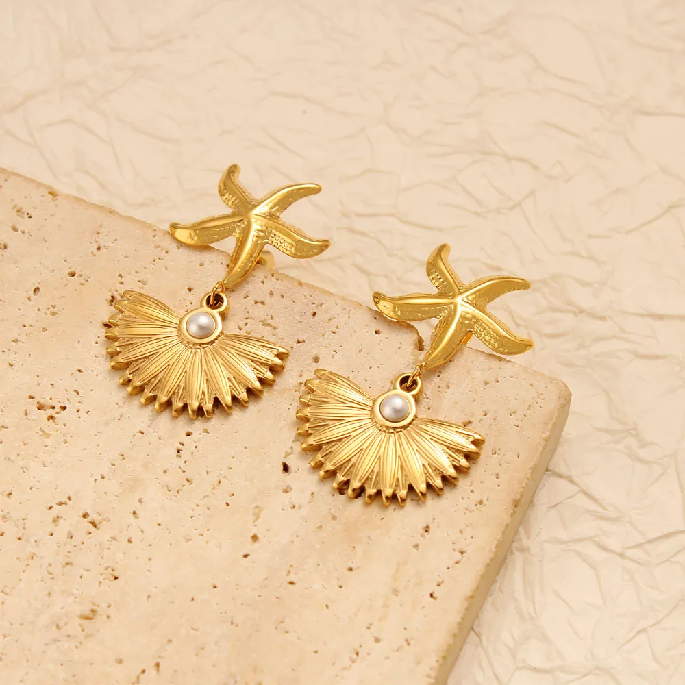DIY accessories European and American creative starfish shell earrings, niche trend glass pearl earrings, stainless steel light