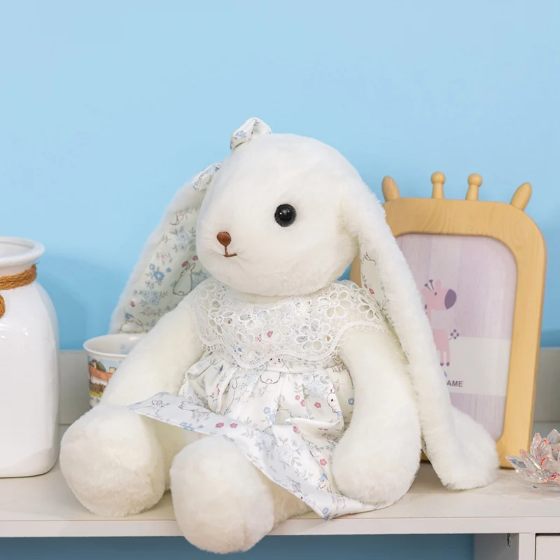 Rabbit Plush Doll Khaki White Floral Dress Rabbits 45cm Long Floppy Ears with Lace Trim for Bedroom Decor Display Photo Prop