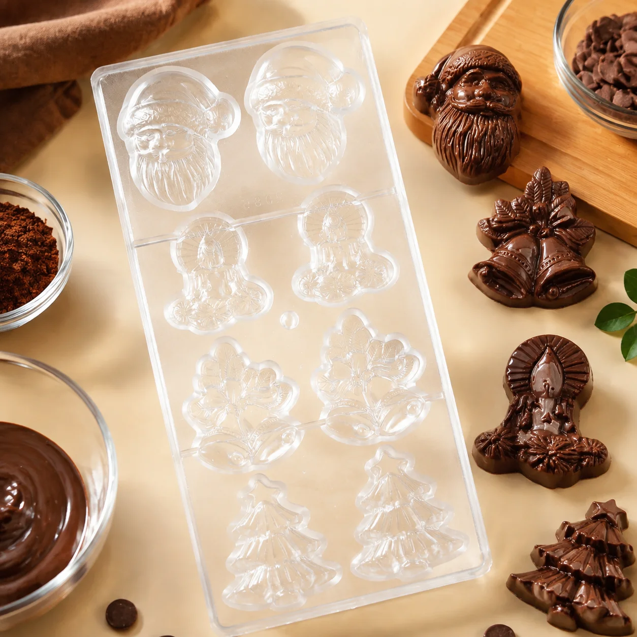 Christmas Polycarbonate Chocolate Mold Santa Bell Candle Xmas Tree Mould for DIY Holiday Candy Baking
