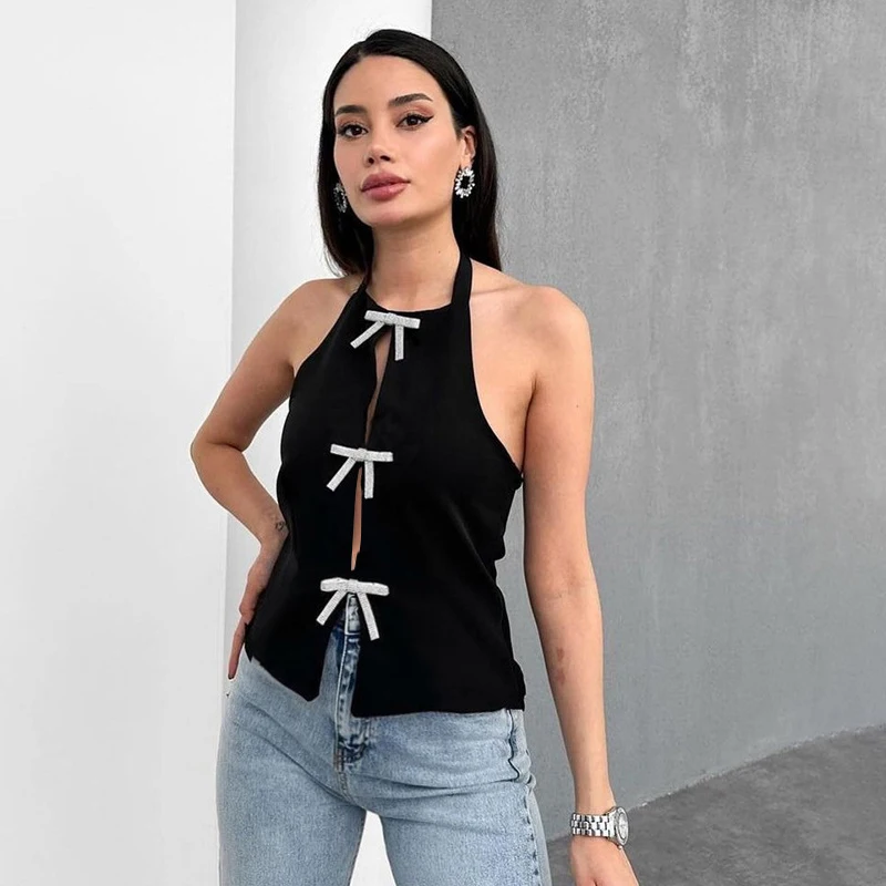 TARUXY Sexy Jewelry Bow Cut Out Lace Up Crop Top Womens Sleeveless Strapless Hot Girl Club Party Top Slim Solid  Navel Short Top