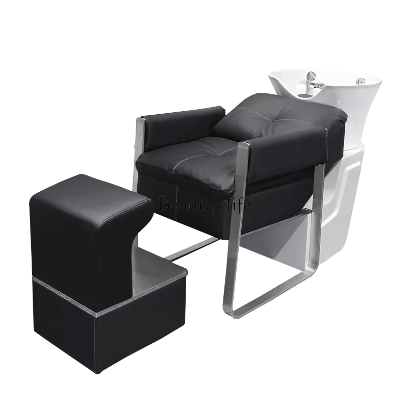 

Barber Shop High-End Lying Half Ceramic Basin Shampoo Chair Simple Stainless Steel New Flushing Bed