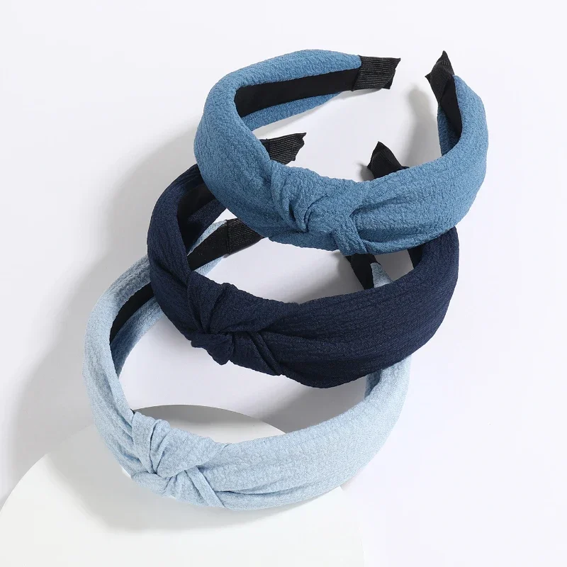 3PCS Blue Fabric Knot Hairband Women Hundreds of Solid Colours Stretch Wide Crimp Hair Headband Four Seasons Fashion Blue Tricol