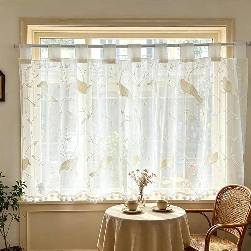 1pc Wabi-Sabi Cream White Sheer Curtain, Bird Branch Embroidery Half Tier Curtain with White Pom Pom Fringe