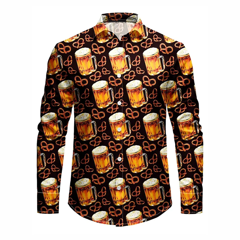 เสื้อเชิ้ตพิมพ์ลายเต็มตัวสำหรับผู้ชาย ลายไวน์ เบียร์ งานเลี้ยง ดนตรี ครอบครัว งานปาร์ตี้ ตลก แขนยาว ติดกระดุม เสื้อคริสต์มาส เสื้อท็อป
