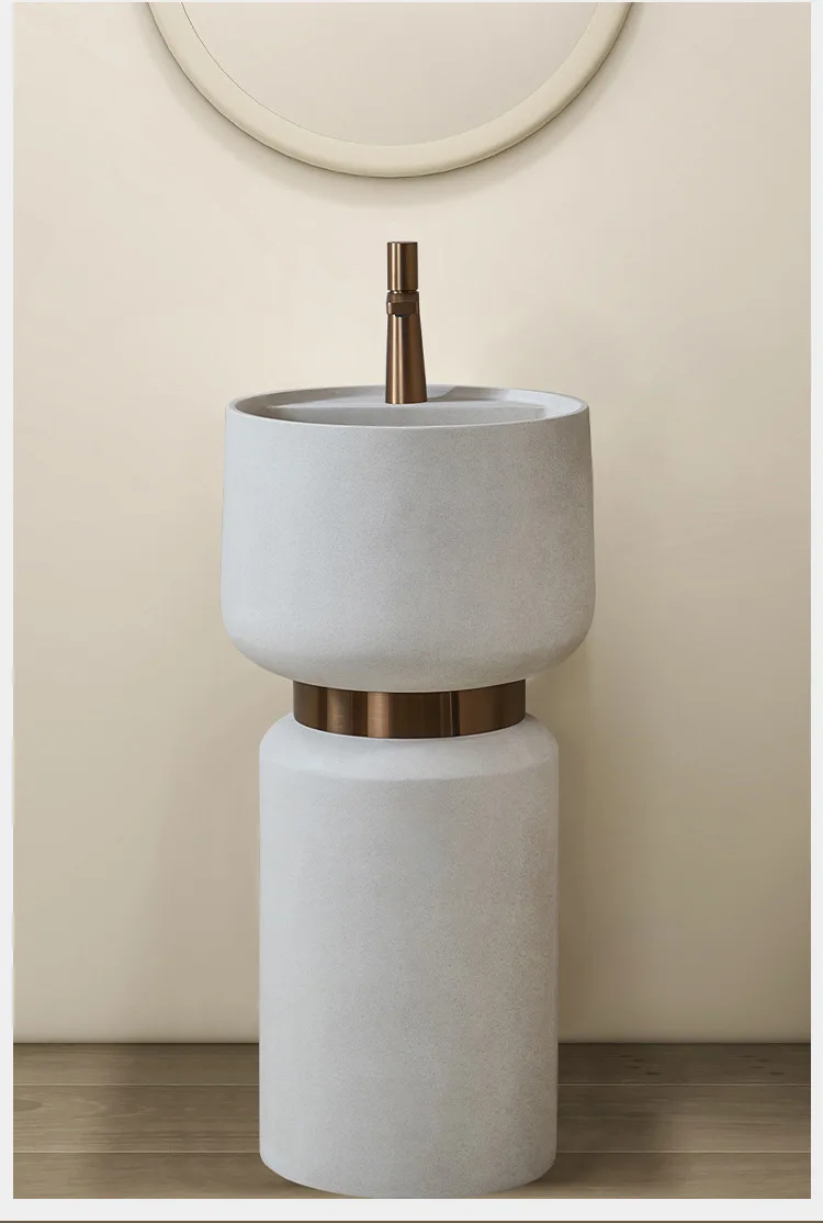 Modern Matte White Sanitary Wares European Artificial Stone Bathroom Freestanding Hand Wash Basin Pedestal Sink For Hotel