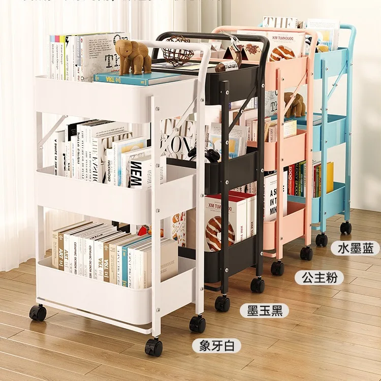 No Installation Three- Layer Foldable Bookshelf Carbon Steel Small Cart Side Shelf With Wheels Kitchen Storage Rack Loading 30kg