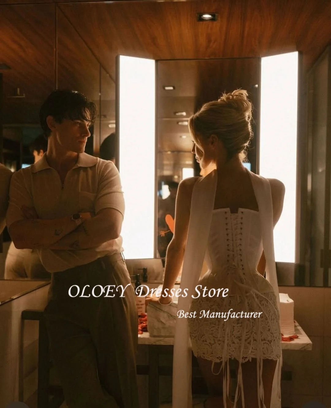 OLOEY koronkowa Mini krótka suknia wieczorowa sukienka bez rękawów Spaghetti pasek suknia dla panny młodej dostosowane suknie ślubne na przyjęcie Robe De Mariée