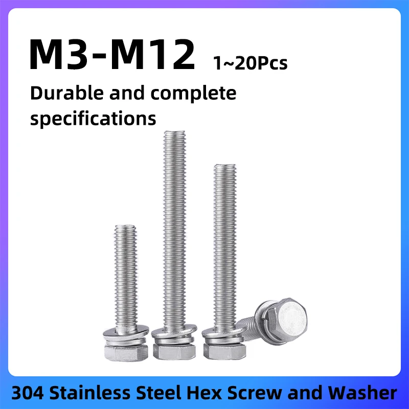 GooBetter 1~20Pcs Hex Screw with Washer M3 M4 M5 M6 M8 M10 M12 304 Stainless Steel Mechanical Woodworking Screws Combination