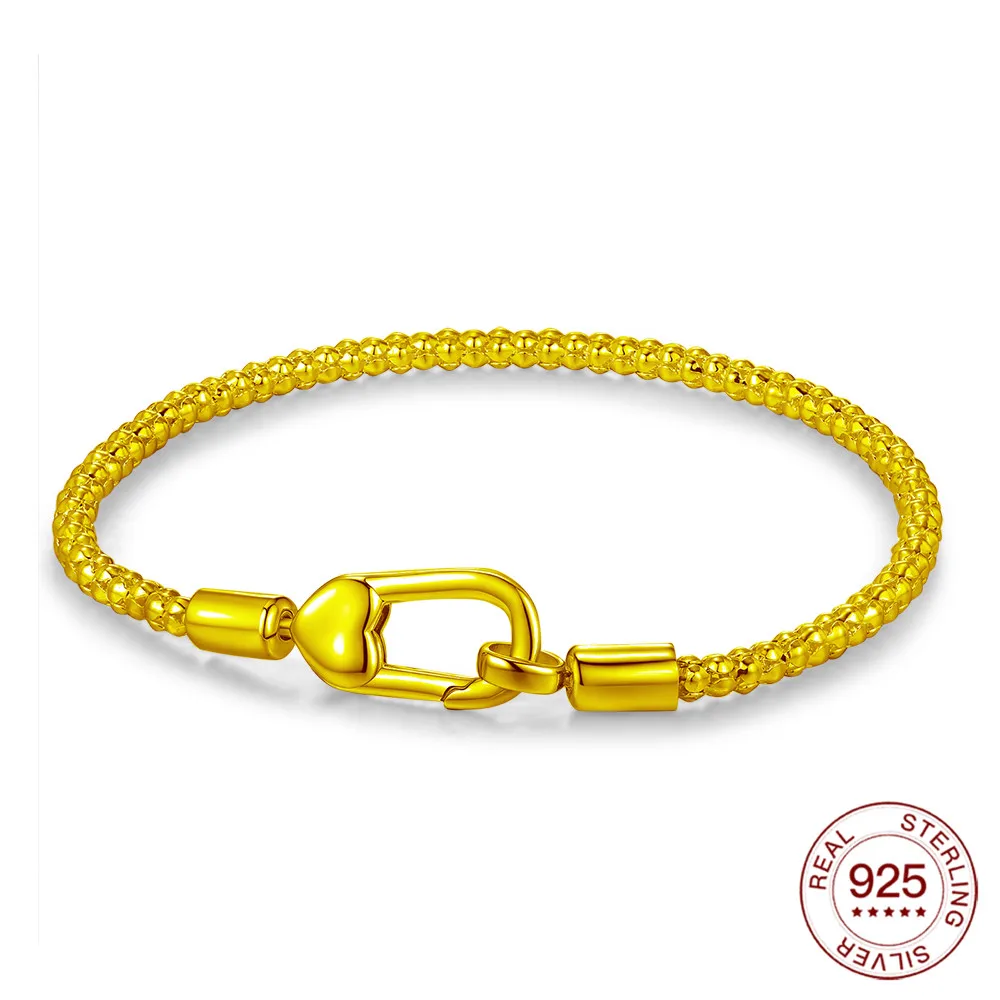 925 Sterling Silver Spring Clasp Popcorn Bracelet Original Golden Fit Charms Beading Diy Jewelry Lovers Making Gifts For Women