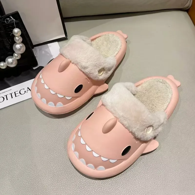 Shark Slippers Woman Winter Cotton Sandals Waterproof Indoor Non-slip Slides Plush Couple Shoes Home Flat Shoe Shark Flip Flops