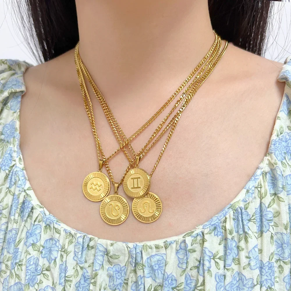 Zodiac Sign Round Circl Pendant Necklace for Women 12 Constellation Symbols Stainless Steel Chain Necklace Fashion Jewelry Gift