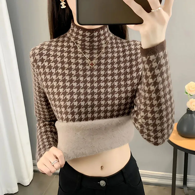 Autumn Mock Neck Houndstooth Pullover Women Winter Chic Long Sleeve Warm Sweater Vintage Streetwear Plus Velvet Casual Jumper