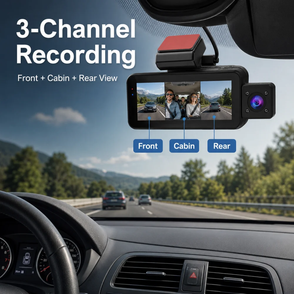 Triple Lens WiFi  Dash Cam 1080P Front Inside Rear‑View Camera,WDR Night Vision APP Control G‑Sensor Loop Recording Vehicle DVR