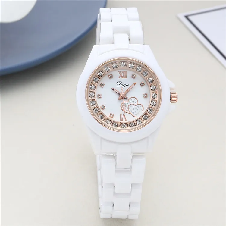 Digu Women Quartz Watch Diamond Dial White Case Band Love Heart Orologio Luxury Ceramic Strap Clock Ladies Elegant Wristwatch