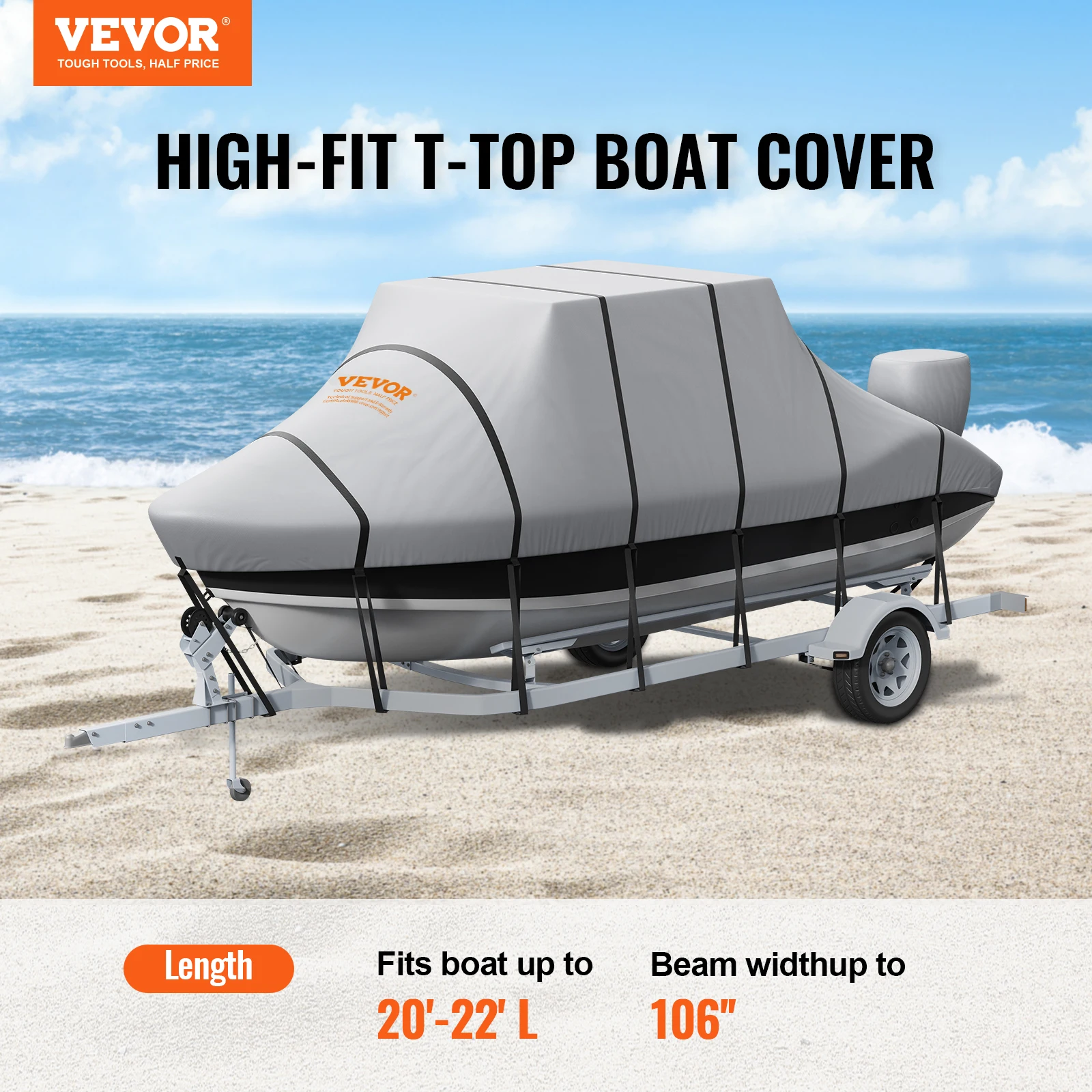 VEVOR T Top Boat Cover, 20'-22' Waterproof Trailerable T-Top Boat Cover, 600D Marine Grade PU Oxford, with Windproof Buckle