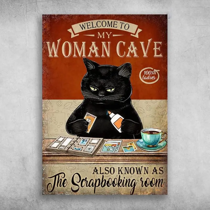 Panneau en métal rétro noir pour scrapbooking, avec la phrase « Bienvenue dans ma grotte féminine, également connue comme la salle de scrapbooking », style rétro