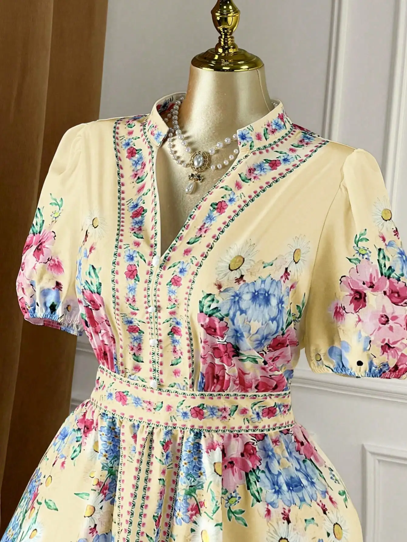 Floral Print Stand Collar Puff Sleeve Vacation Dress For Women