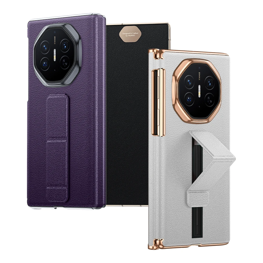 

For Huawei Mate XT XTs Ultimate Genuine Leather Dual Hinge Protection Finger Grip Strap Sliding Track Stand Case Cover