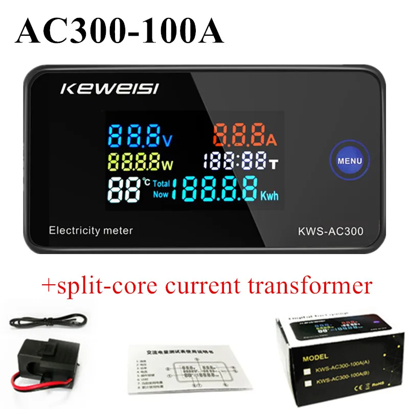 6 in 1 KWS-AC300 100A Digital Wattmeter AC Ammeter KWS Power Energy Meter Volt Watt Kwh LED Voltmeter with Reset Function