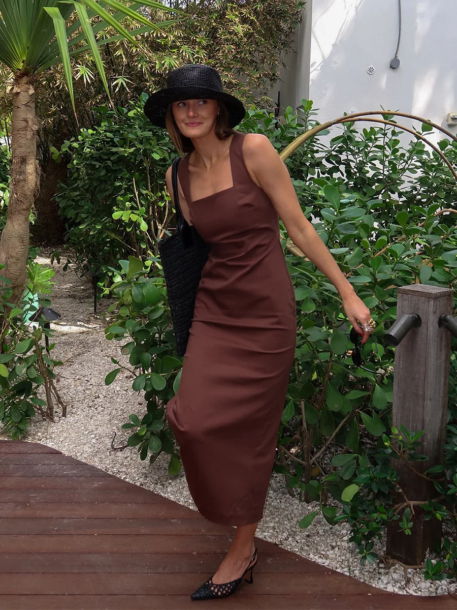 Solid Color Cotton Linen Square Neck Wide Straps Dress Fashion Slim Fit Back Split Long Dress Summer New Women's Clothing