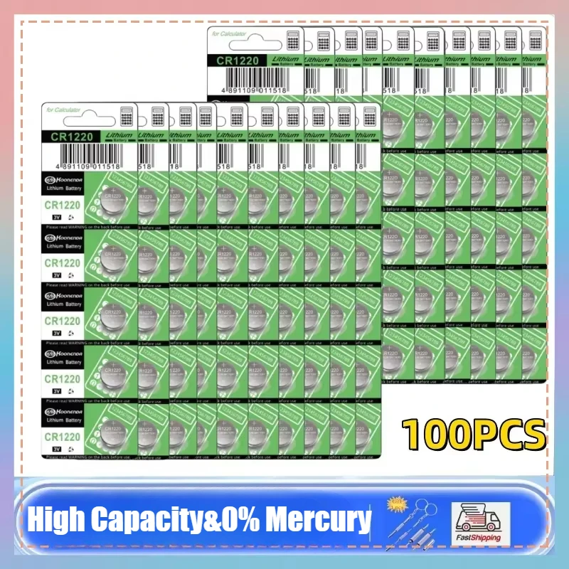 100pcs 45mAh CR1220 Button Coin Cell Battery For Watch Car Remote Key CR 1220 ECR1220 GPCR1220 5012LC 3V Lithium Batteies