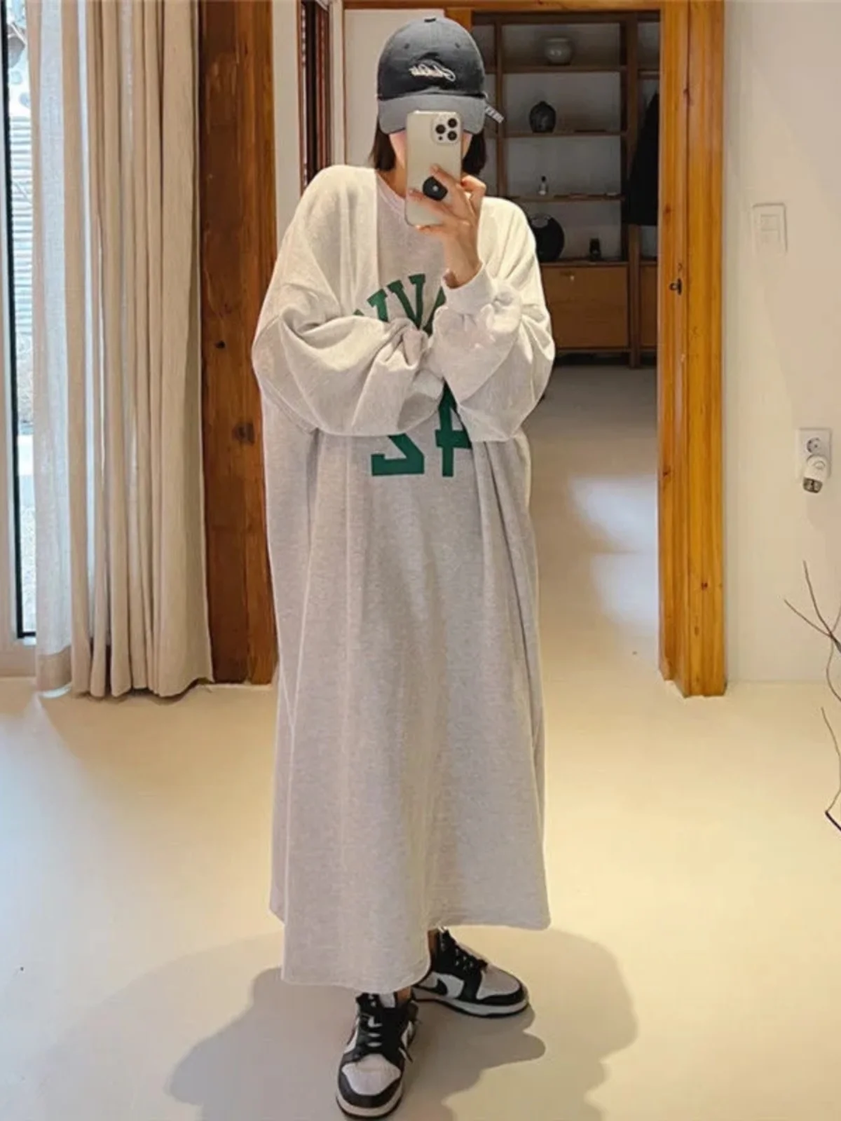 plus Size Casual Print Dress Loose Fit Meat Concealing Lazy Style Autumn Thickened Long Sleeve Mid-Length round Neck Dress