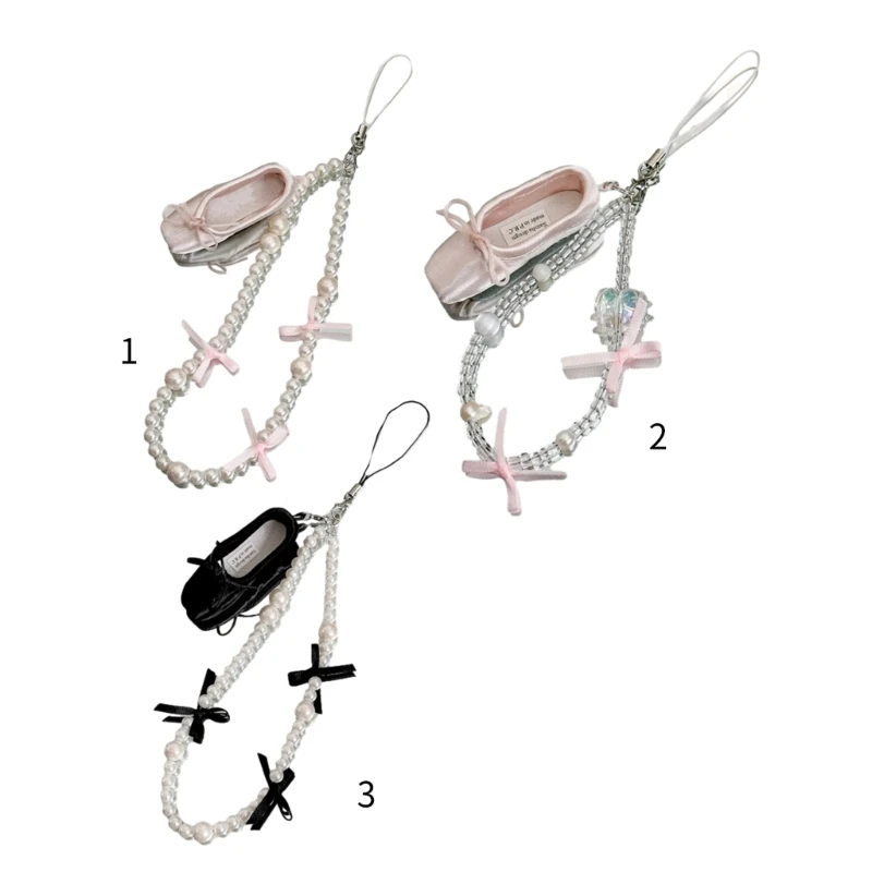 

Sweet Bowknot Ballet Shoes Charm Phone Pendant Crystal Pearl Beaded Charm Keychain Lanyard Strap Bag Hanging Decoration