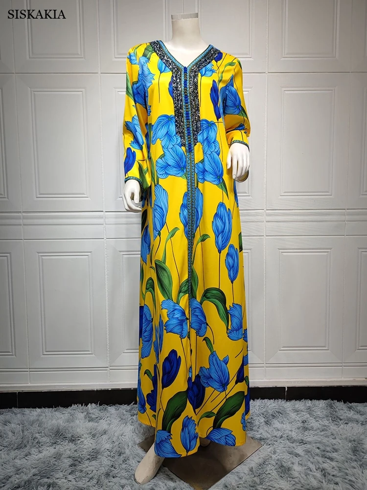 Siskakia – robe de soirée marocaine Jalabiya, tenue de fête élégante pour femmes, garniture Chic avec ruban strass, manches longues, jaune Floral,