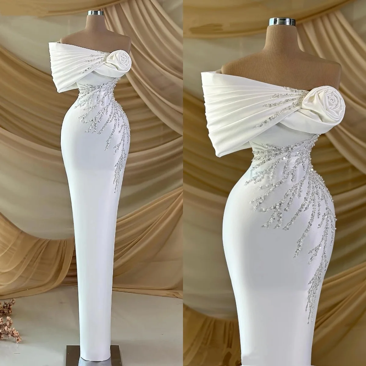 

Simple Wedding Dresses Sequins Bridal Gowns One Shoulder Pearls Ruffle Slim Satin Mermaid Customized Vestidos De Novia