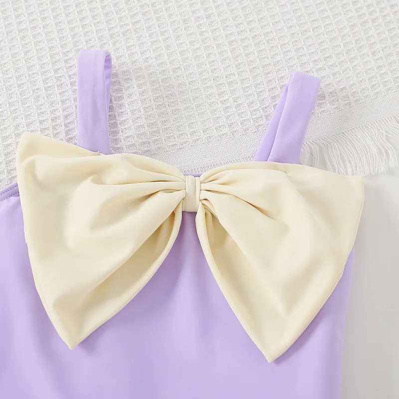 Bañador de una pieza para niña pequeña, traje de baño de seda suave con lazo, vestido de pastel, ropa de baño para bebé, conjunto de gorro de baño