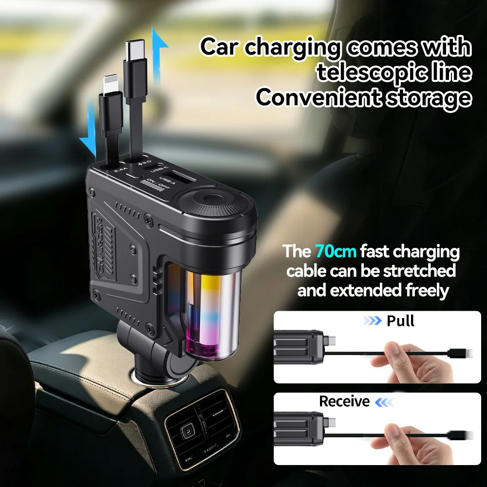 5 in 1 Car Charger with 66W Super Fast Charging Retractable Type‑C Lightning Cable Car Cigarette Lighter Adapter Auto for phone（ view 6
