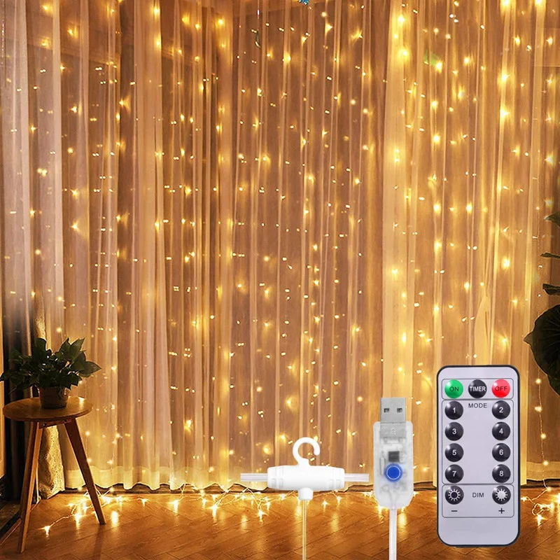 LED Girlande Vorhang Lichter USB Lichterketten Fee 8 Modi Fernbedienung Hochzeit Weihnachten Dekor für zu Hause Schlafzimmer Neujahr Lam