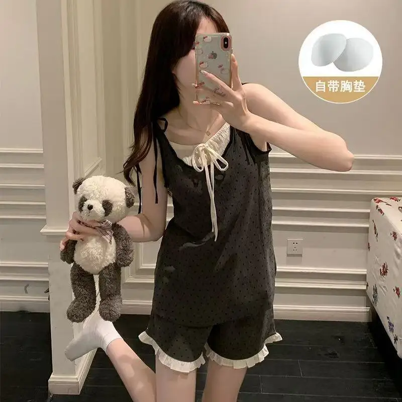 

Женский пижамный комплект: модная домашняя одежда, майка и шорты, легкий кружевной летний комплект 2025 года с чашечками, милый принт в горошек