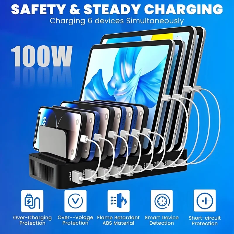 شاحن متعدد المنافذ 100 وات: تصميم حامل 5 منافذ USB و5 منافذ من النوع C يدعم 10 أجهزة في وقت واحد، متوافق مع الهواتف والكمبيوتر اللوحي