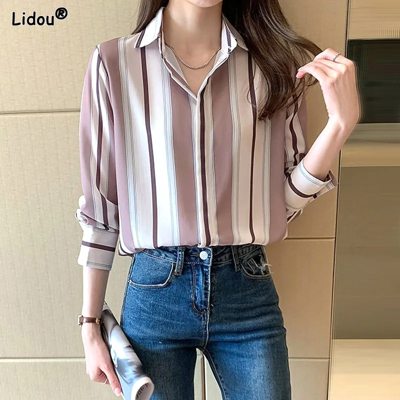 

All Season Formal Shirts Patchwork Striped Button Turn-down Collar Solid Loose Temperament Capable 2022 Women's Clothing Casual