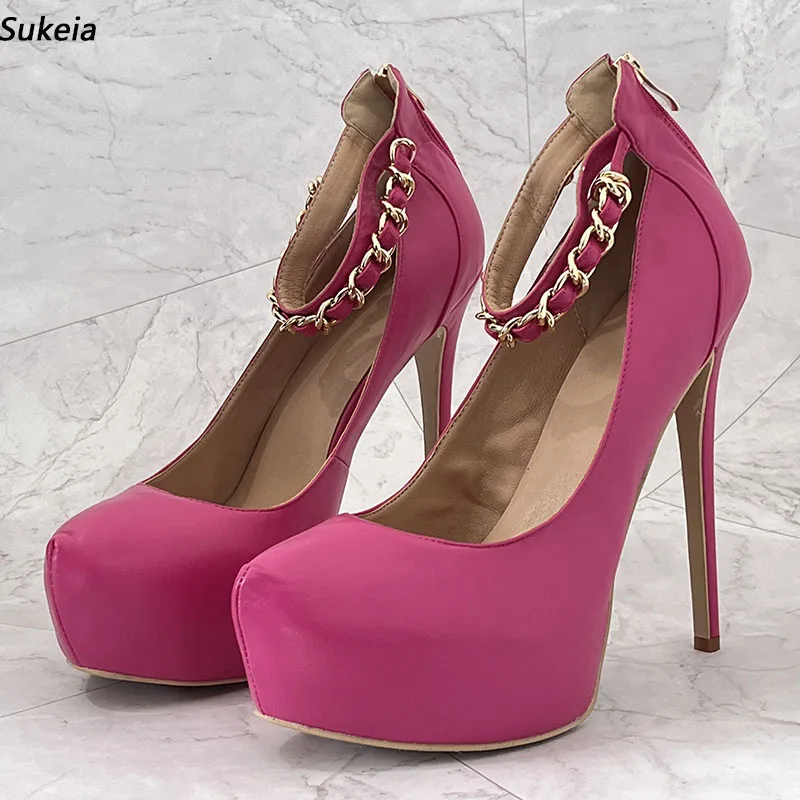 

Sukeia New Arrival Women Pumps Faux Leather Back Zipper Round Toe Sexy Stiletto Heel Fuchsia Club Shoes Ladies Plus US Size 5-20