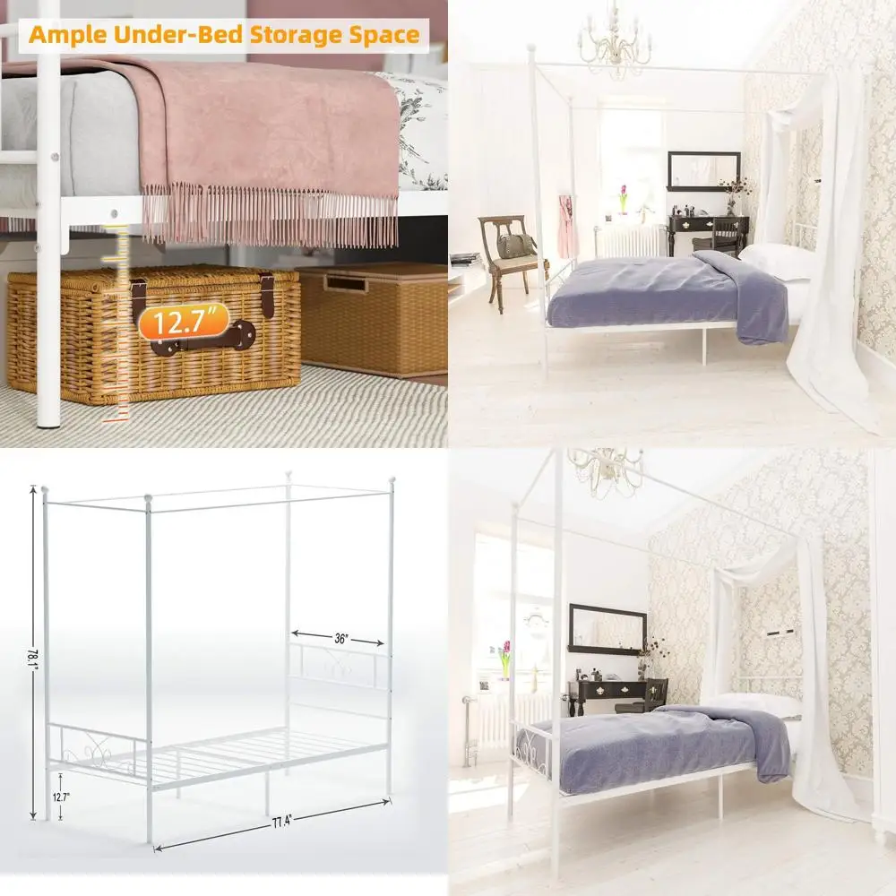 

Metal 4-Poster Twin Bed with Board, No Box Spring Needed, Mattress Platform Bed for Kids and Adults, White