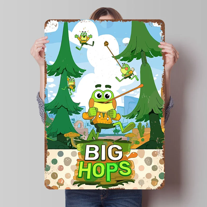 

Металлическая табличка Big Hops Cartoon Frogs Adventure: Ретро-постер для декора стен, винтажная вывеска для фанатов, украшение для игровой комнаты