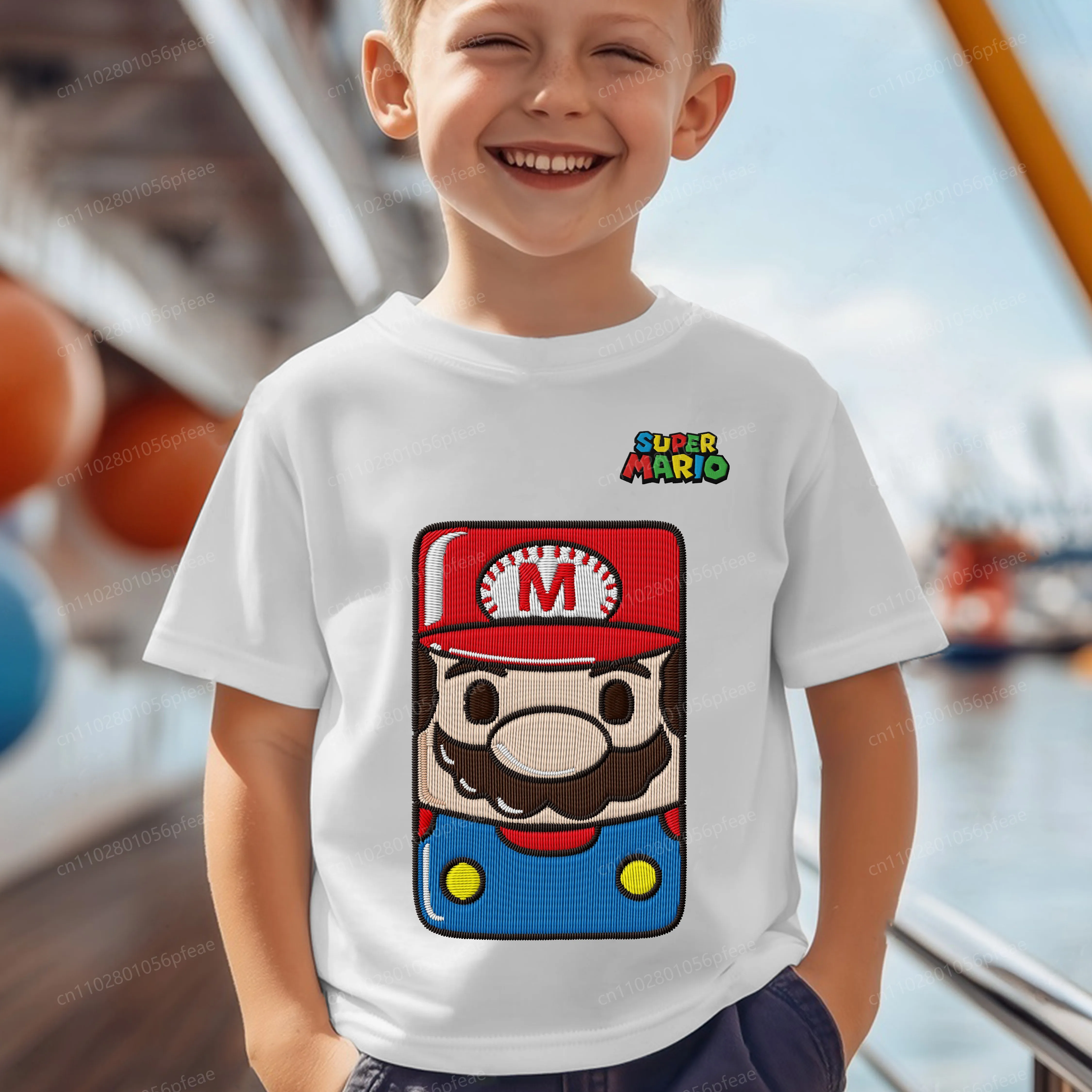 

Embroidery Mario 3D Printing Pure Cotton Top T-shirts for Boys Texture Children's Clothing Summer Clothes T-shirt 2025 Kids Boy