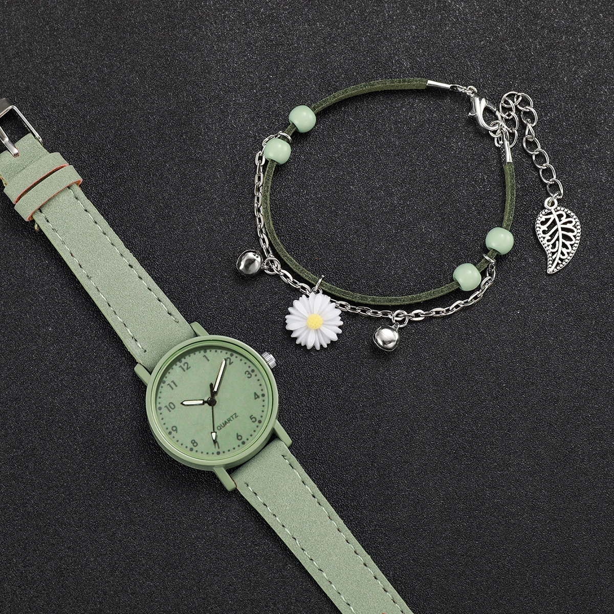 2Pcs/Set Fashion Women Girls Green Leather Strap Flower Quartz Watch & Flower Bracelet Set