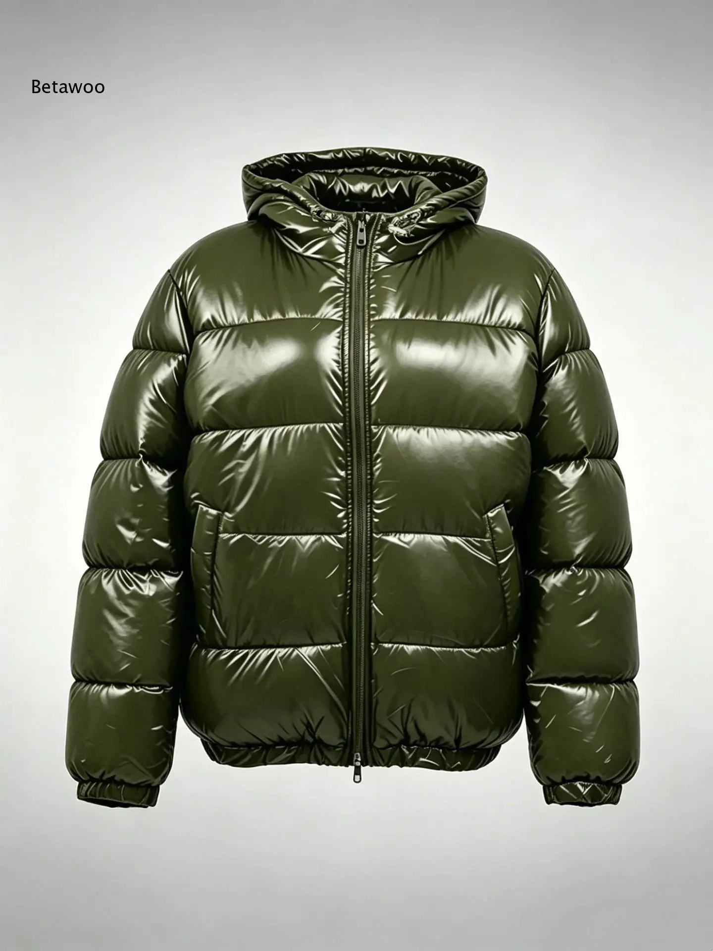 Men Hooded Puffer Outerwear Shiny Fabric Full Zip Quilted Warm Thick Coat For Cool Winter Street And Daily Casual Outing