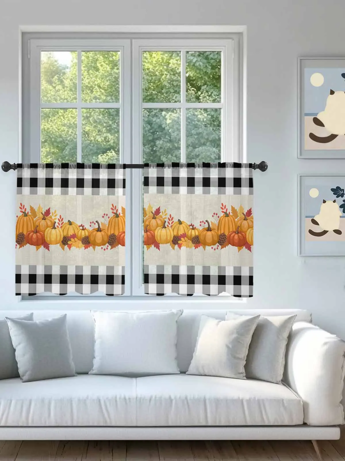 

Autumn Pumpkin Cotton Plaid Sheer Voile Curtains for Living Room Window Treatment for Bedroom Kitchen Drapes