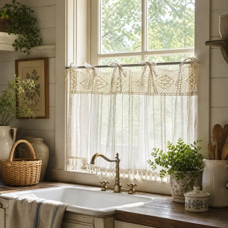 Vintage Crochet Lace Kitchen Curtain Semi-Sheer Striped Cotton Linen Short Curtain with Tassels for Farmhouse Style Cabinet Door