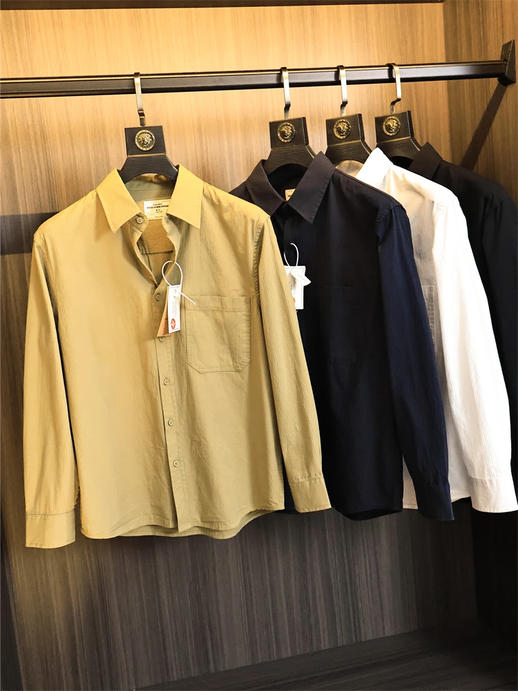 

Мужская длинная све irt однотонная текстура осень ODM Cany Goods с откидным воротником универсальная полосатая свободная повседневная одежда