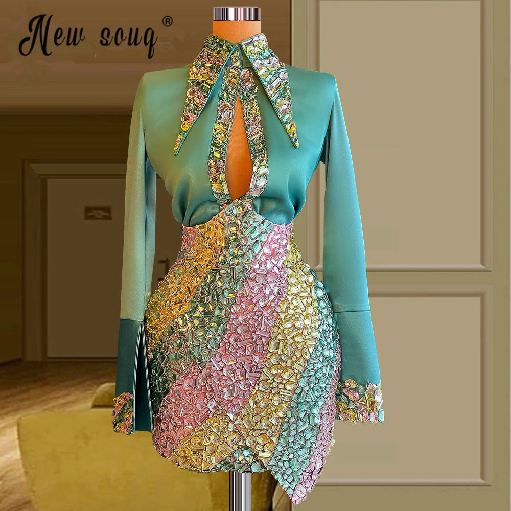2023 Green Two Pieces Crystals Prom Gowns Soft Satin Beaded Blouse + Full Heavy Beaded Skirt Girls Graduation Party Dresses