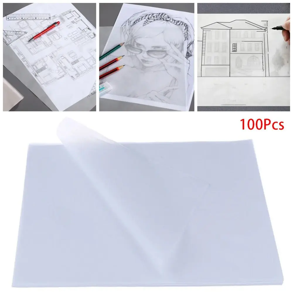 Branco translúcido Tracing Paper, folha A4, Office Art Supplies, caligrafia escrita, desenho de papel de cópia, estudante, 100pcs