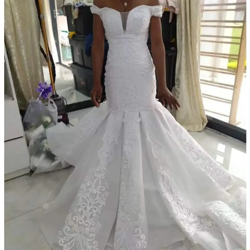 

2023 Customize Off shoulder Plus Size V Neck Heavy Beaded African Mermaid Wedding Bridal Fish Tail Dresses 2024